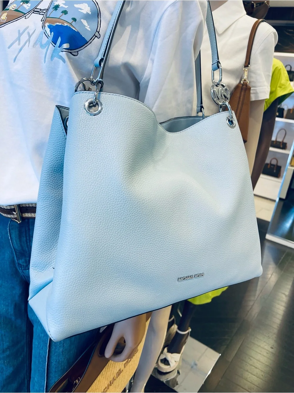 Michael Kors Christina Large Pebbled Leather Shoulder Bag Pale Ocean  NWT